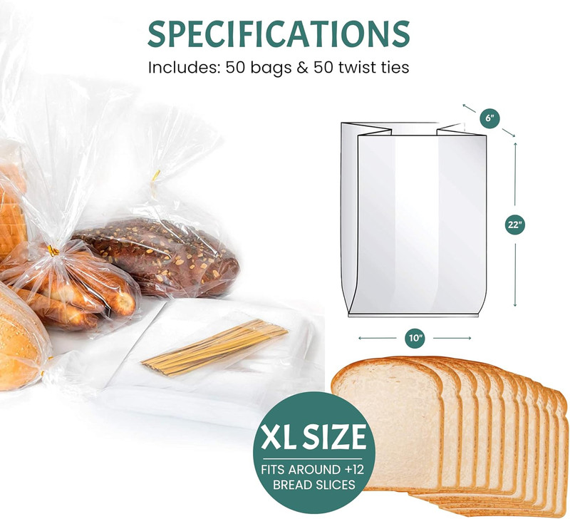 Reusable Plastic Bread Bags for Homemade 10X22"- Clear Bag with Ties for an Airt gallery