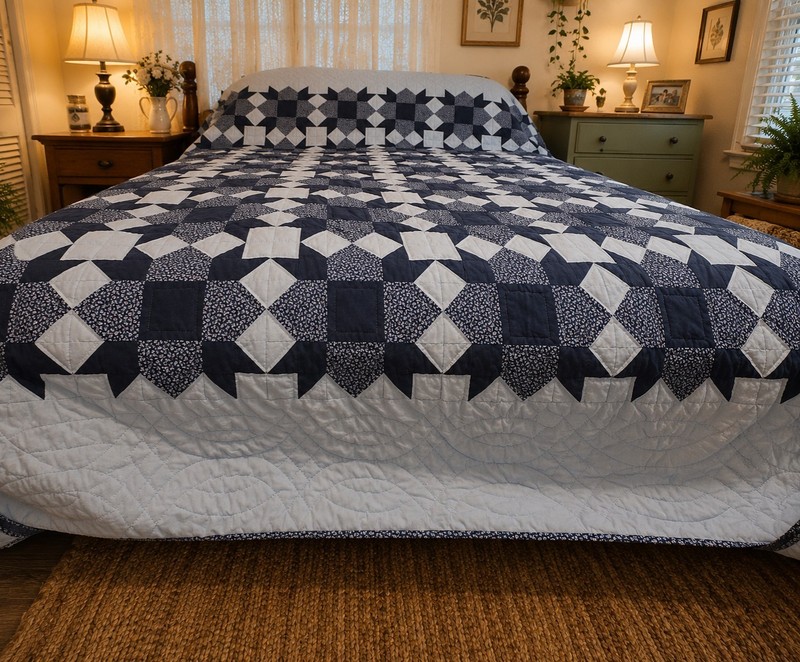 X Large HandStitched Blue White Patchwork Quilt King 106x98 Reversible Bedspread gallery
