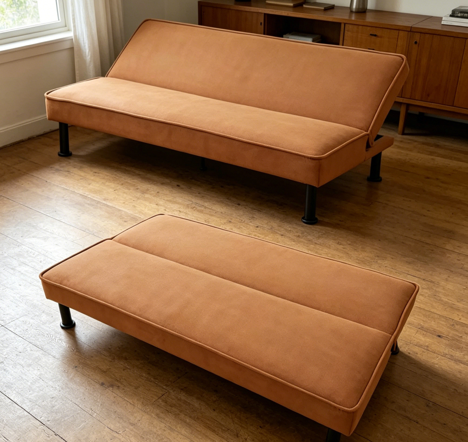 Orange Futon Sofa Bed Convertible Sleeper Couch Adjustable Backrest Home Office gallery