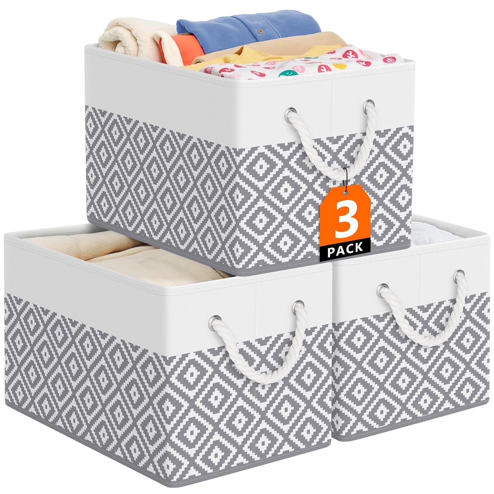 Storage Bins, 3-Pack Large Storage Box Rope Handles, Collapsible Storage Basket gallery