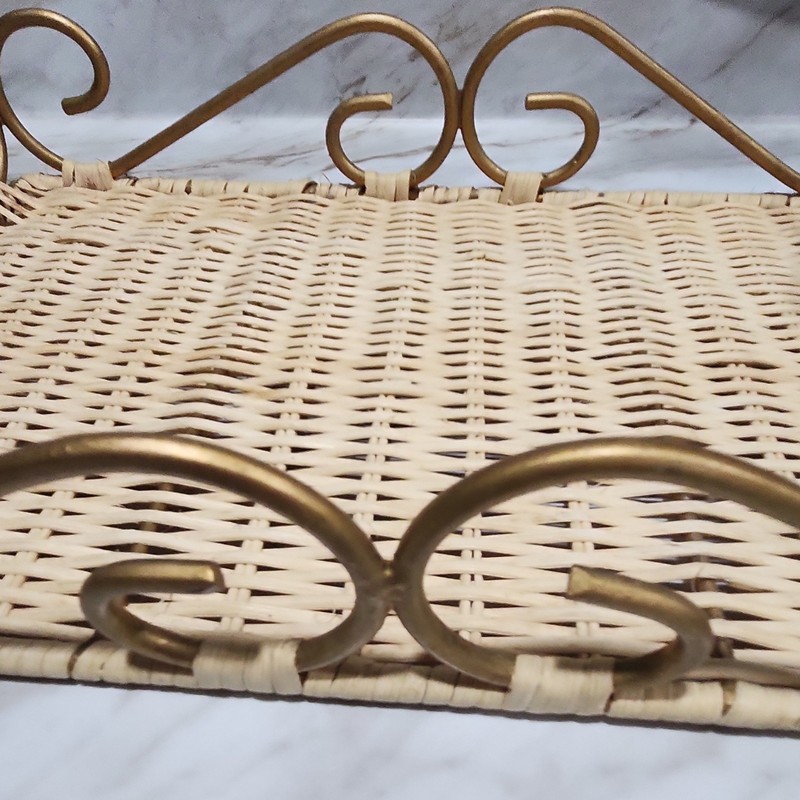 Woven Wicker Serving Tray Rectangle Metal Scroll Handles Beige Gold Large partie gallery