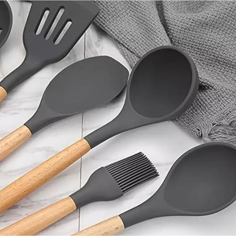 12-Pcs Kitchen Silicone Utensils Set with Heat Resist Wooden Handle Black gallery