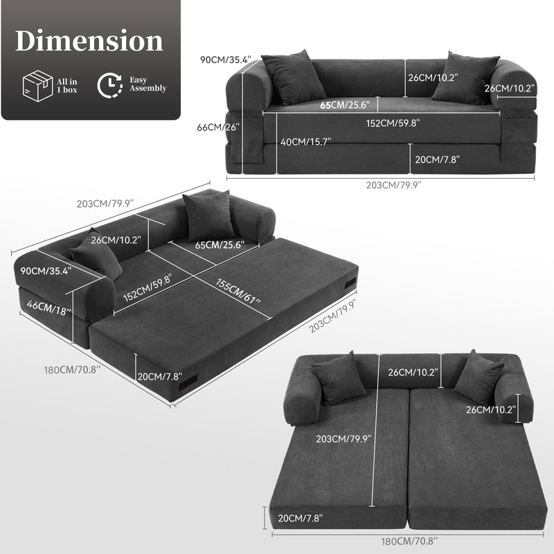 80" Convertible Sofa Bed, No Assembly Deep Seat Boneless Couch Sofa in Box gallery