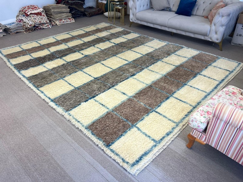 Handmade Blue, Gray and Ivory Checkered Tulu Rug. 100% Wool in Finest Quality gallery
