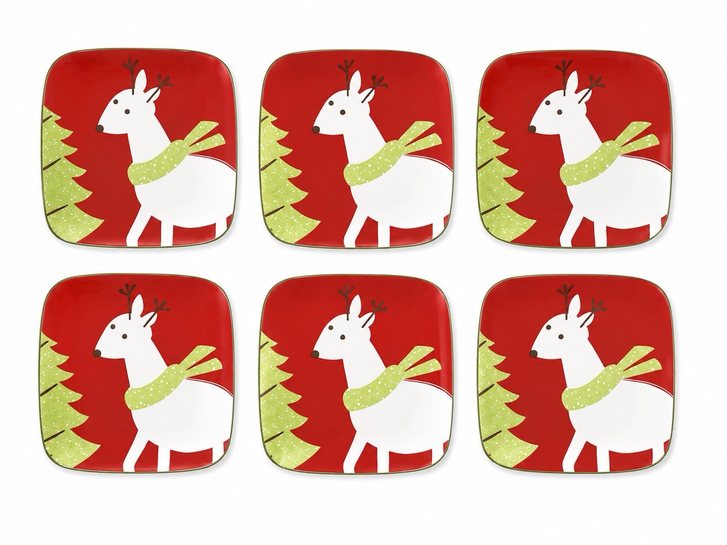 6 Target BE MERRY 08 Square Reindeer Plates 9” Red Holiday 2008 Christmas gallery