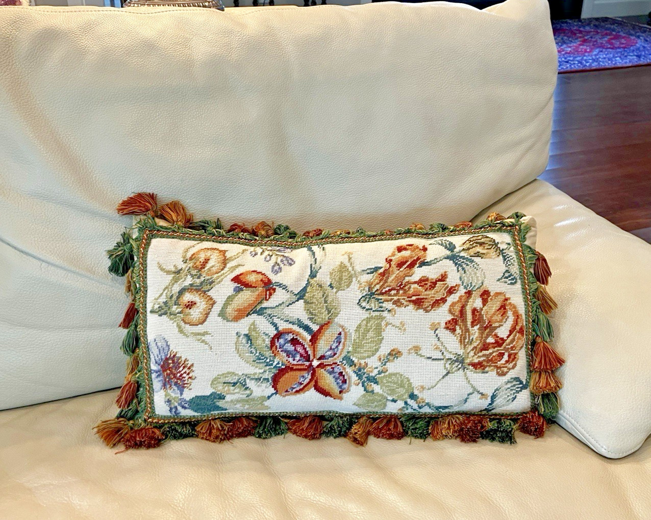 Vintage Handmade Wool Needlepoint Pillow Flowers Tassel Fringe Velvet 21" x 11" gallery