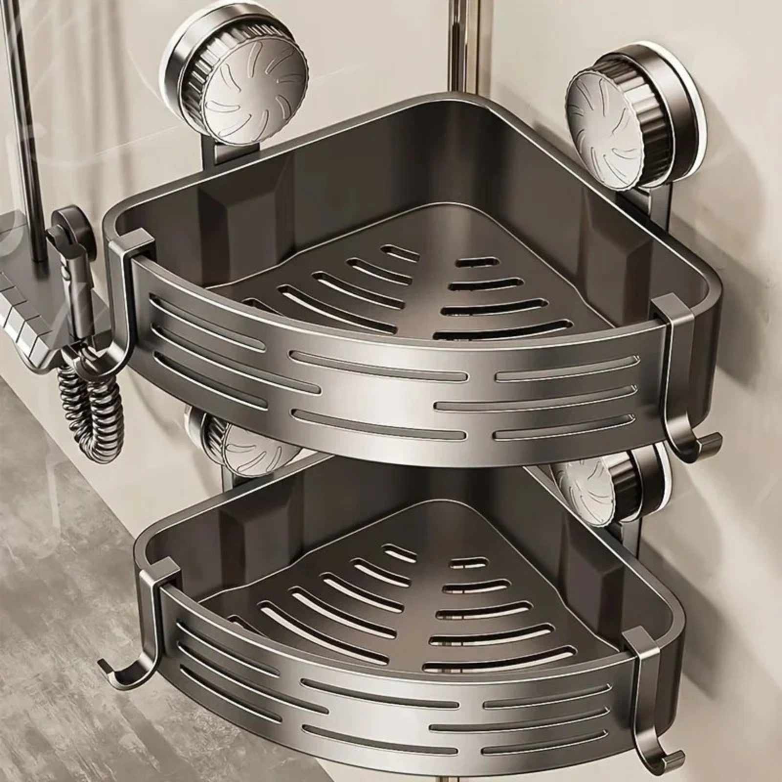 Corner Shower Shelf with Suction Cup – No Drill Bathroom Storage Rack with Hooks gallery