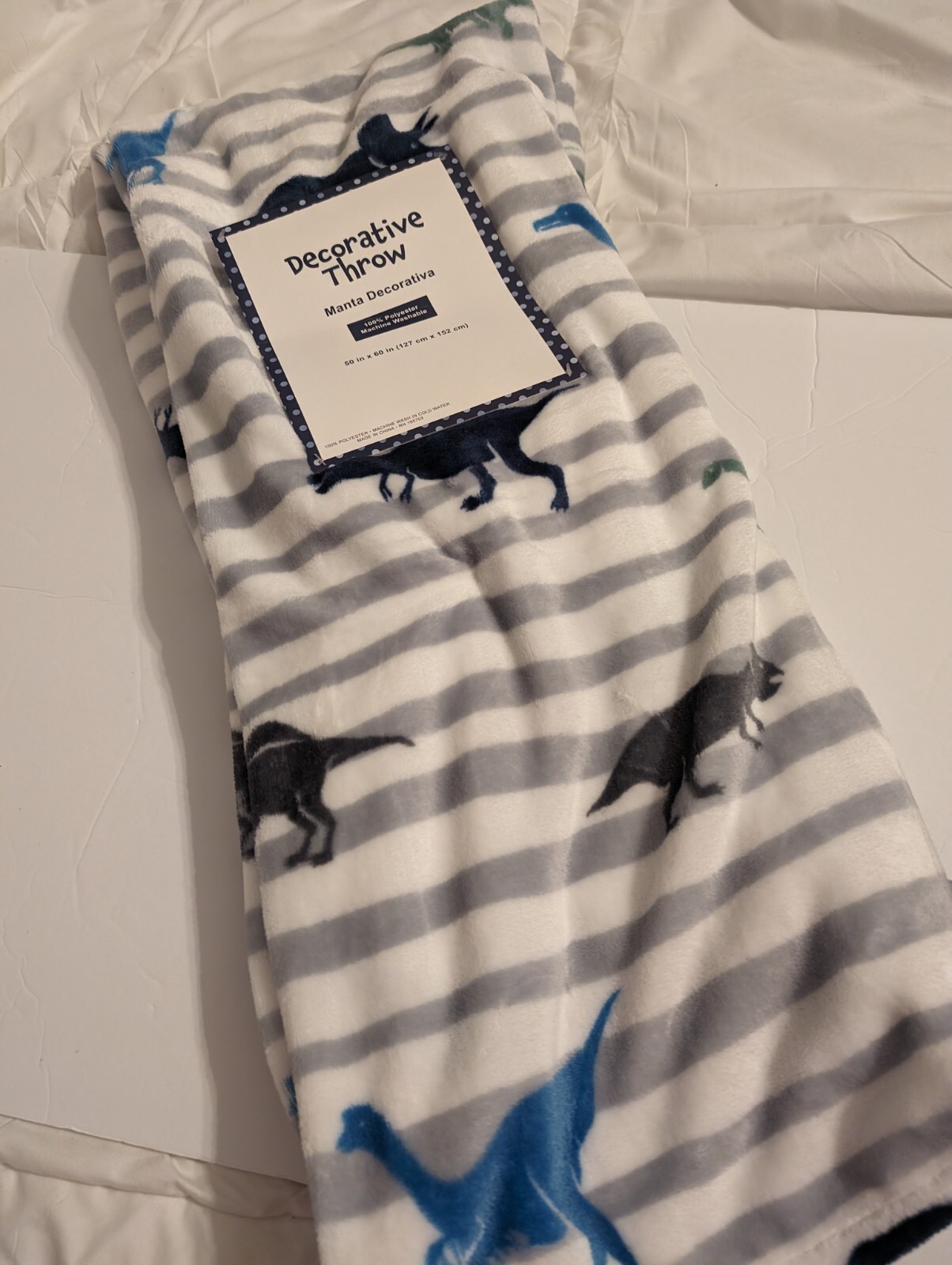 Dinosaur Printed Plush Throw 50" X 60" White With Gray Stripes gallery