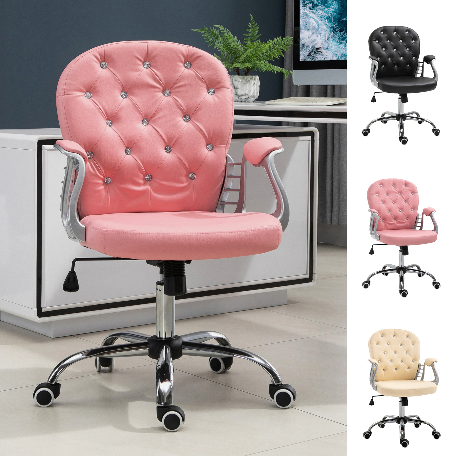 Vanity Office Chair Tufted Backrest Swivel Rolling with Height Adjustable gallery