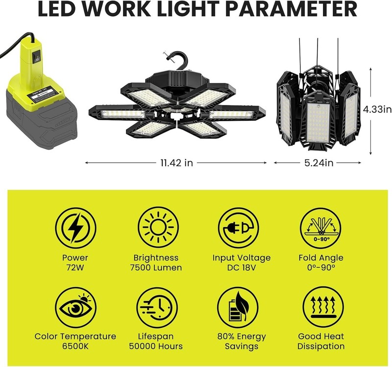 LED Work Light Compatible with Ryobi 18V Battery - 68W 6800LM Garage Flood Li... gallery