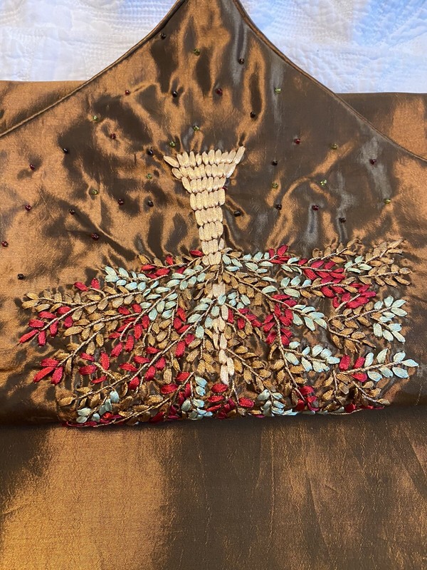 Table Runner Brown Satin W/embroidered Tree And Beads 13x72. Set Of 2 gallery
