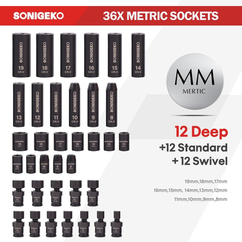 SONIGEKO 3/8" Drive Impact Socket Set, 67-Piece Standard Metric & SAE 6 Point... gallery