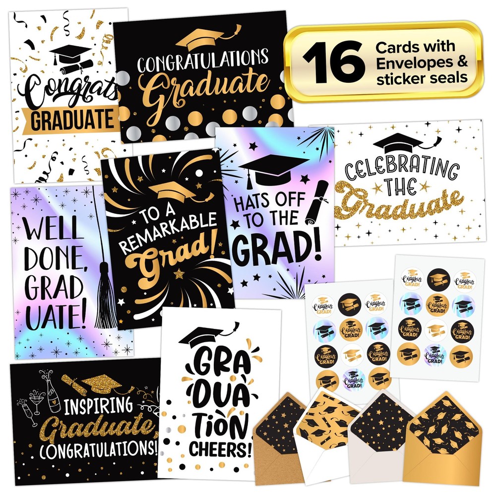 16 Pack Foiled, Glittery, & Holographic 5x7in Graduation Cards Pack with Envelop