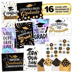 16 Pack Foiled, Glittery, & Holographic 5x7in Graduation Cards Pack with Envelop
