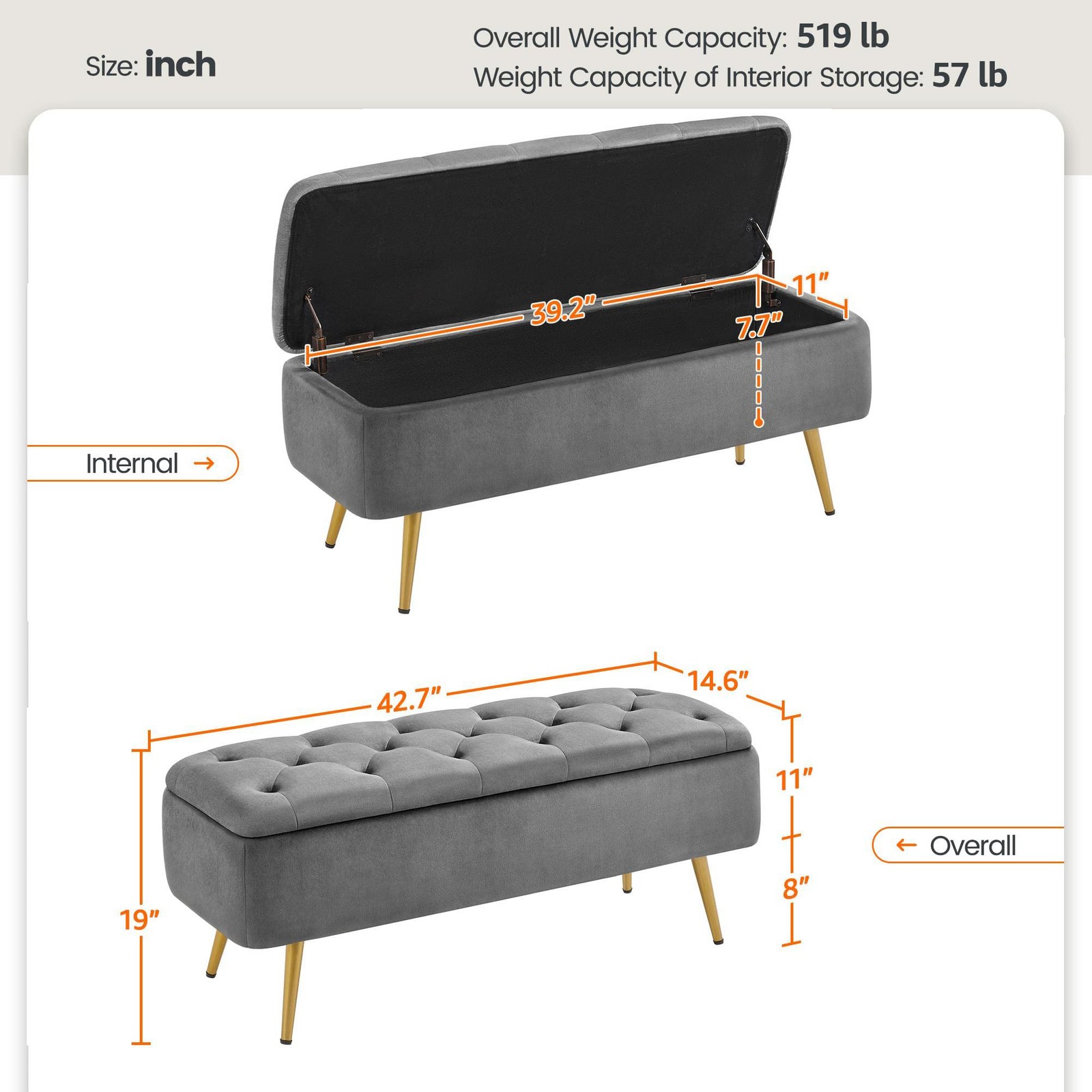 Ottoman w/Storage, Velvet Entryway Bench w/Safety Hinge, Holds up to 519 lb,Gray gallery
