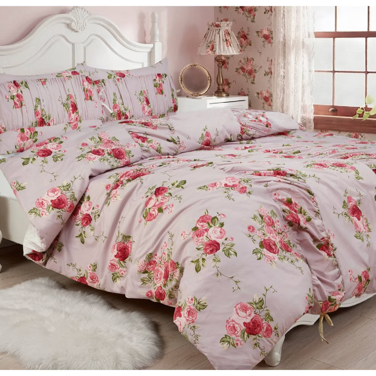 Full/Queen Ruched Comforter Set Pink Floral Harlow & Wren NEW gallery