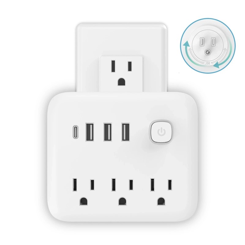 US Plug 180 Degree Rotating Socket, 7 Outlets Power Strip USB-C Charging Station gallery