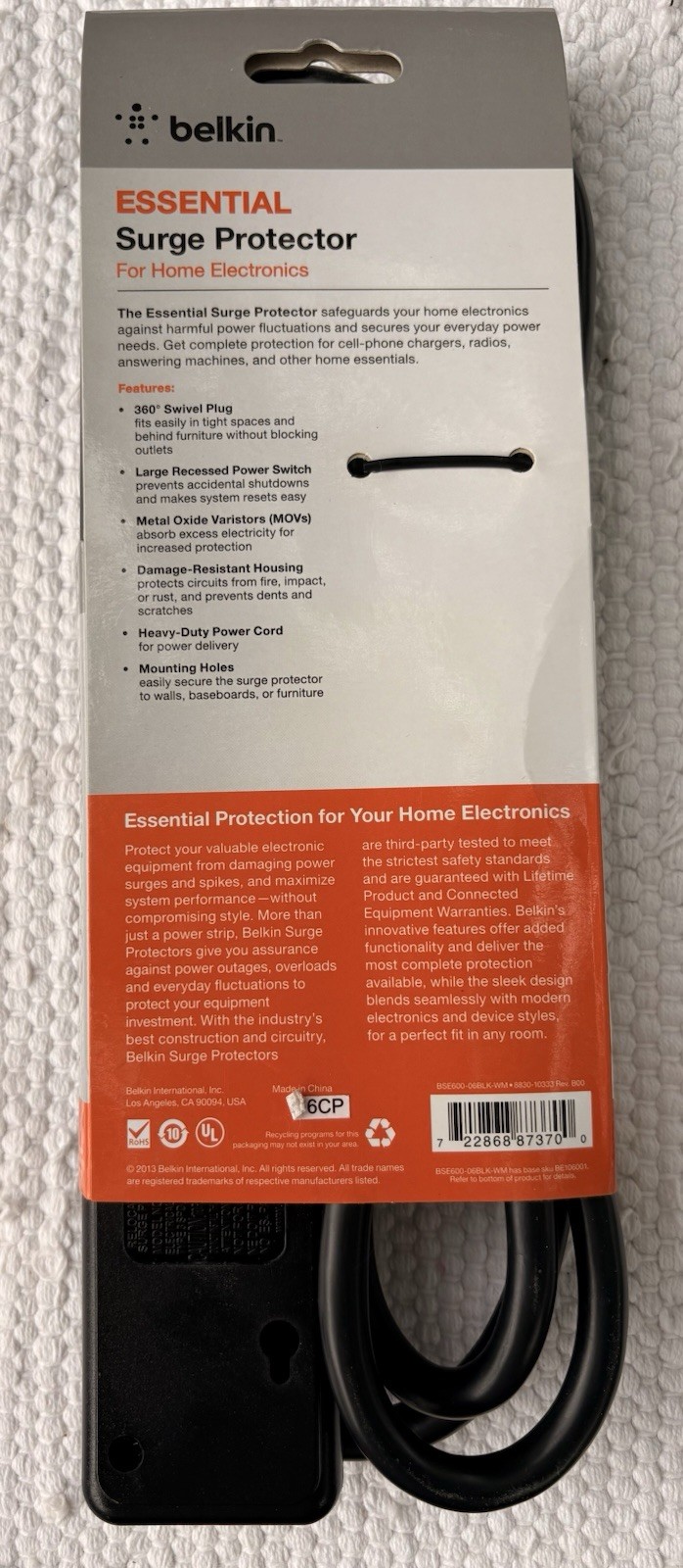 BELKIN Essential Surge Protector*6-outlet*6’cord*600 Joules*#BE106001-06RBLK*new gallery