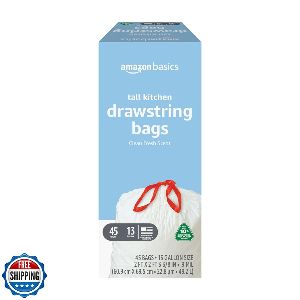 Amazon Basics 13 Gallon Tall Kitchen Drawstring Trash Bags, Clean Fresh Scent