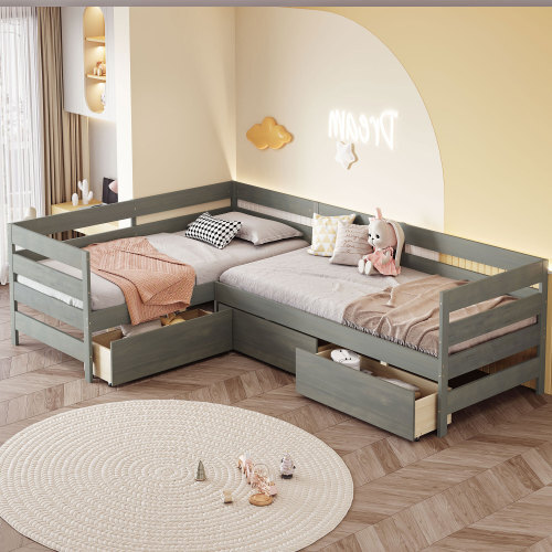 L-shaped Platform Bed Frames with Storage Drawers Solid Wood Twin Bed Corner Bed gallery