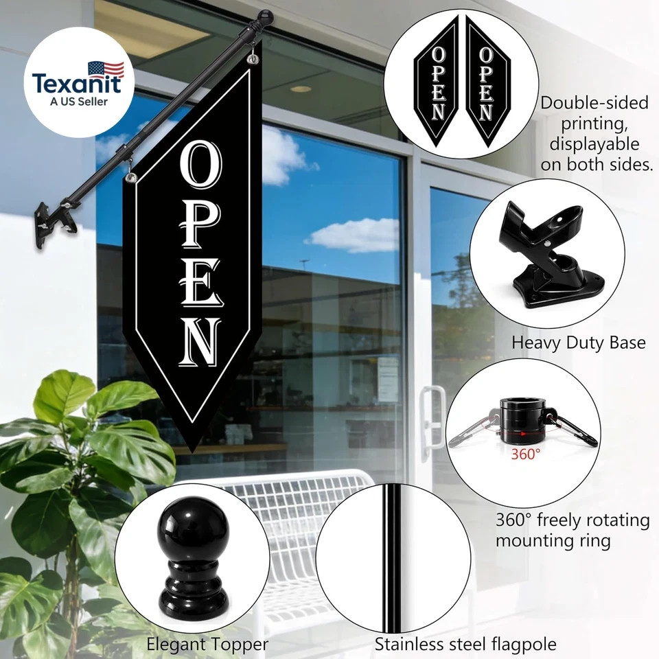 OPEN Flag with Pole Kit, Double-Sided Heavy Duty Hanging Banner Sign with Metal gallery