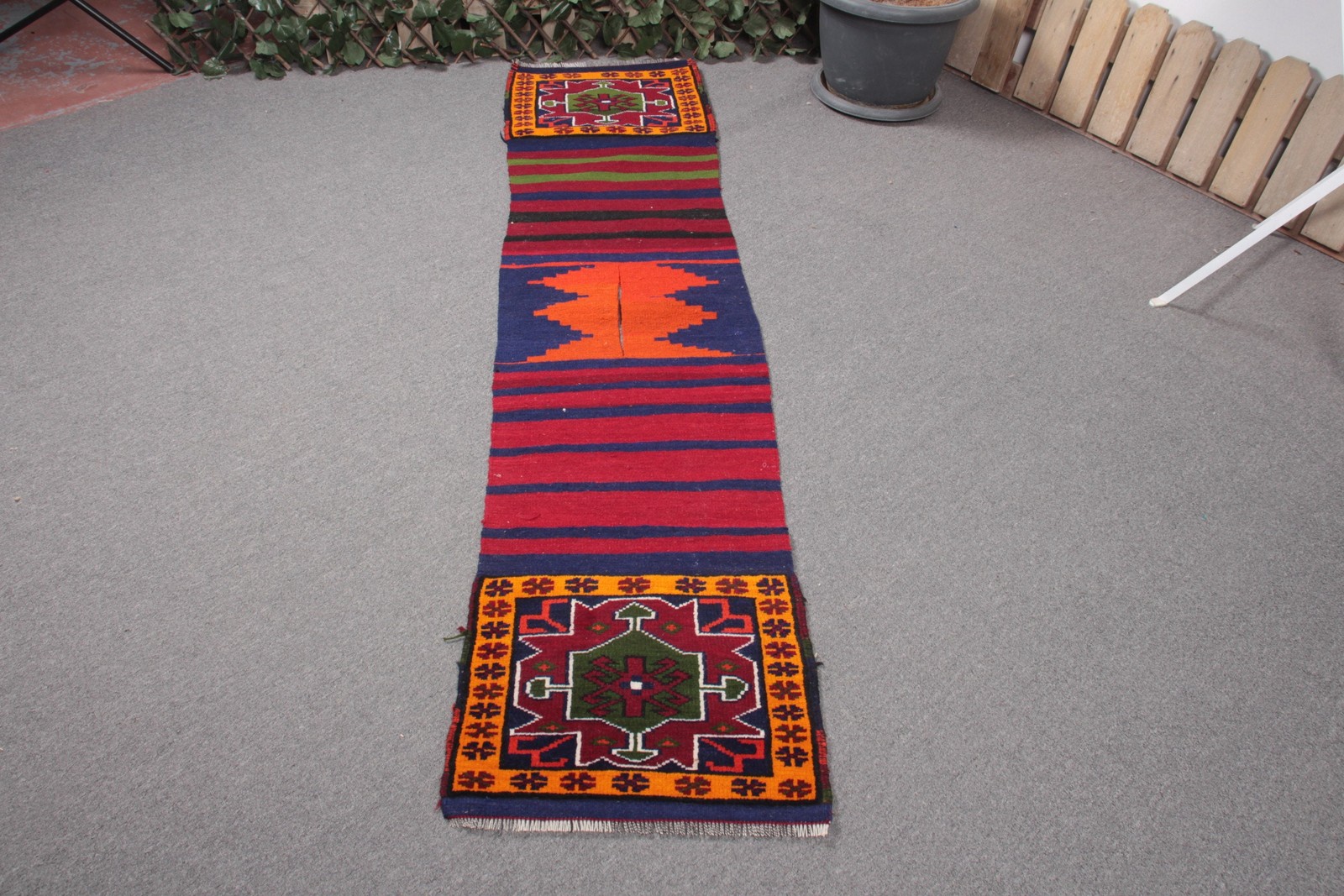 Turkish Runner Rug 1,5x6,8 ft, Red Blue Bordered Rug Wool gallery