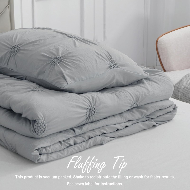 Swift Home King Gray Comforter Set - Ruched 3D Floral Pintuck Bedding Set - 3 gallery