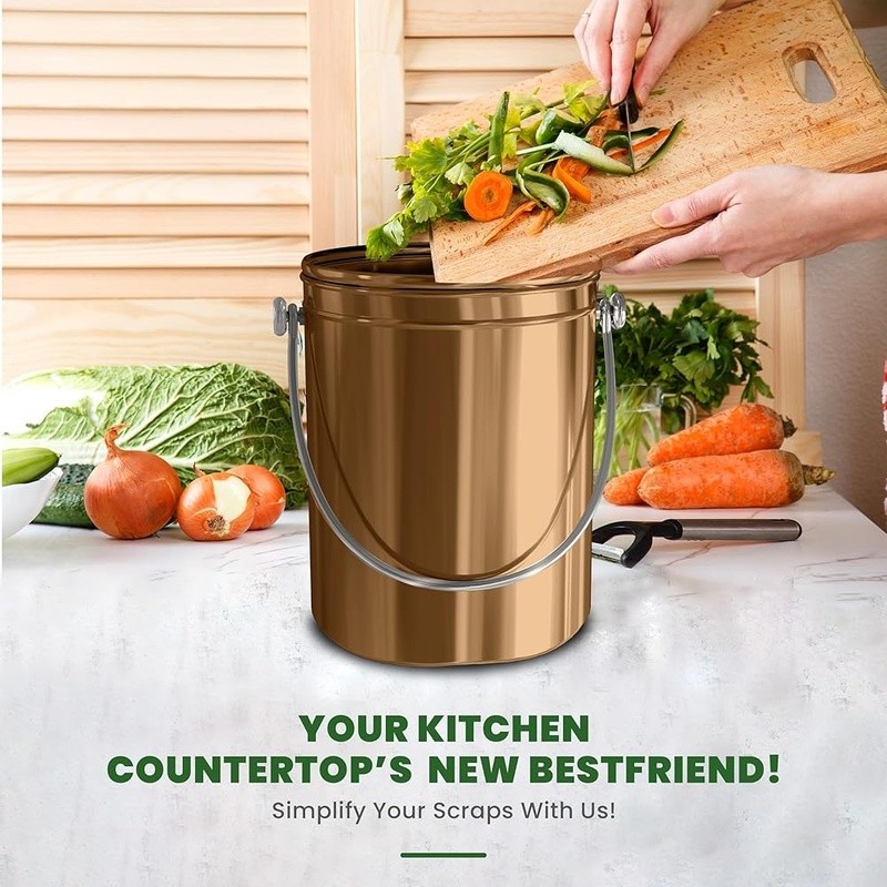 Stainless Steel Compost Bin Kitchen Countertop Odorless Easy Clean Waste Bin New gallery