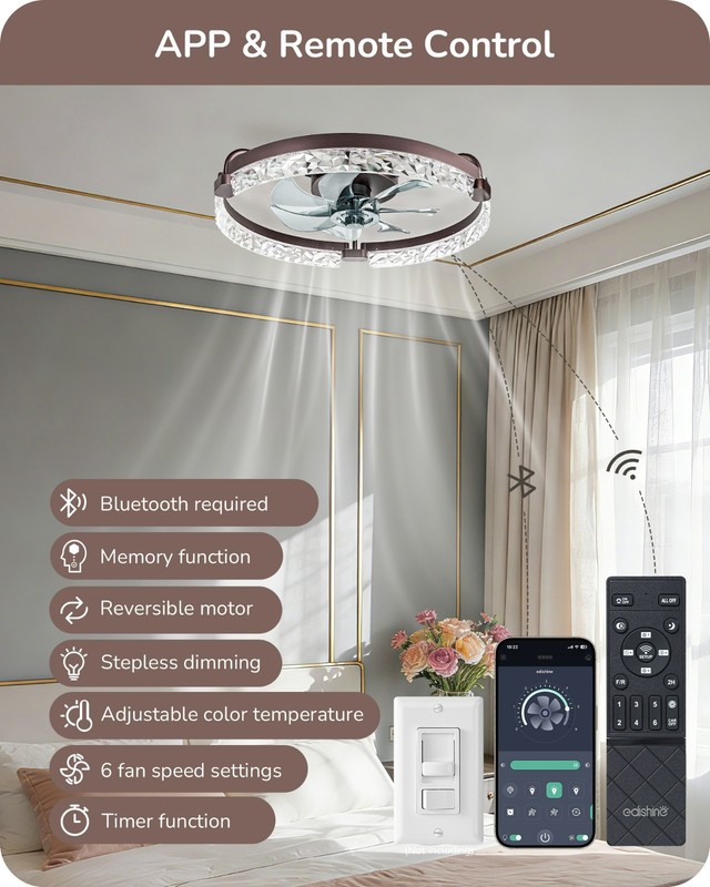 20" Smart Ceiling Fan Light Dimmable LED 3000K-6000K Remote APP 6-Speed Brown gallery