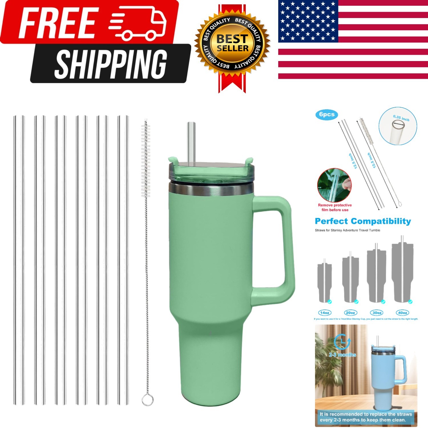 6 Pack Replacement Straw for Stanley Adventure Quencher 40 oz 30 oz Cup Tumbler gallery