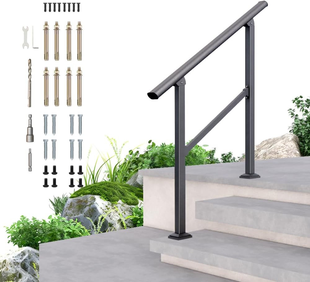 3 Step Handrail for Outdoor,Powder Coated Iron Stair Railing,Black Hand Rails fo gallery