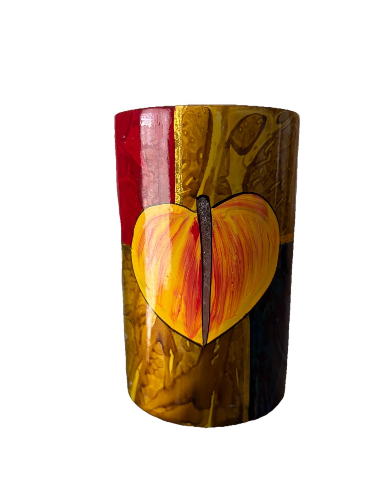 Handmade Ceramic Vase Multicolor Leaves Motif Red Yellow Green Black Gold Glossy gallery