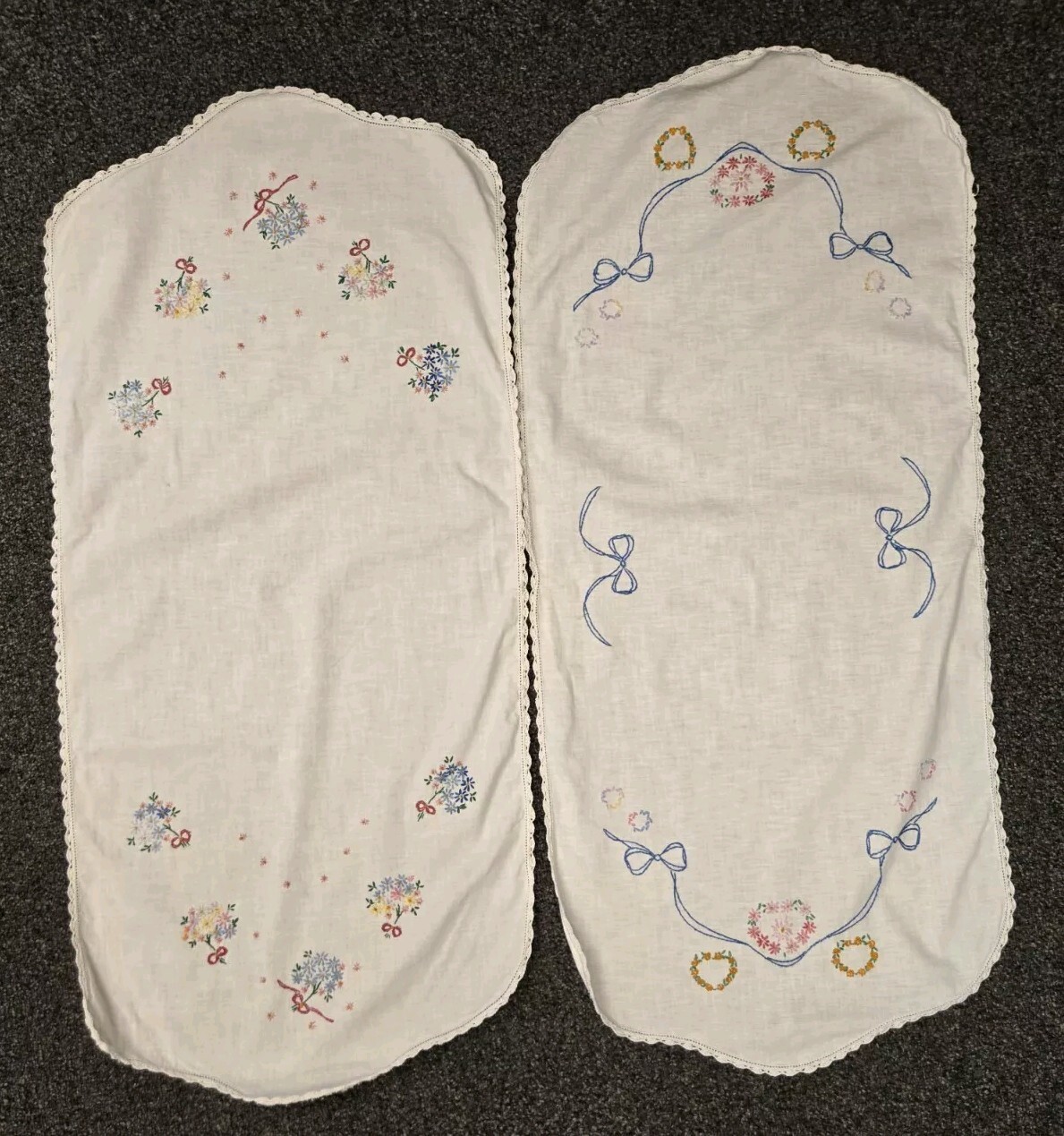 SET OF 2 Handmade Embroidered White Table Runners, Floral w/ Ribbons, Lace Edges gallery