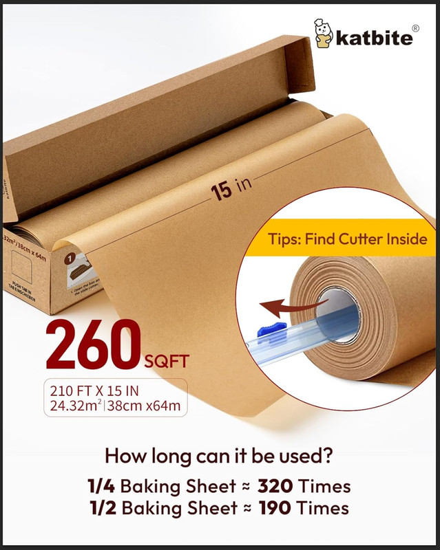 Unbleached Parchment Paper for Baking, 15 in X 210 Ft, 260 Sq.Ft, Heavy Duty Bak gallery