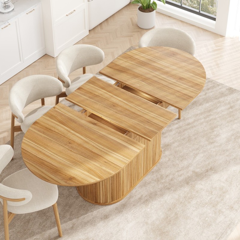 Extendable Dining Table Seats 6, Arc Shape Striped Legs, MDF, Natural gallery