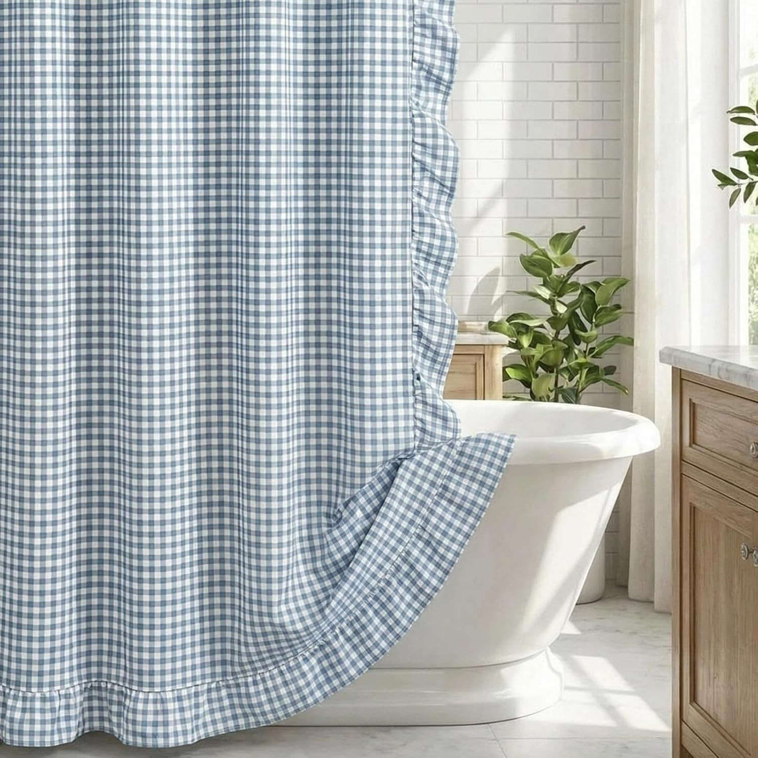 HunnmingRe Ruffled Gingham Shower Curtain 72 x 72 Inch Dust Blue Cotton Vintage gallery