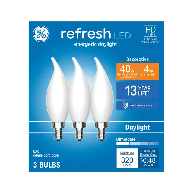GE Refresh 40w Equiv 4w LED Bulbs CAC Candelabra Base Daylight Dimmable 3-Pack gallery