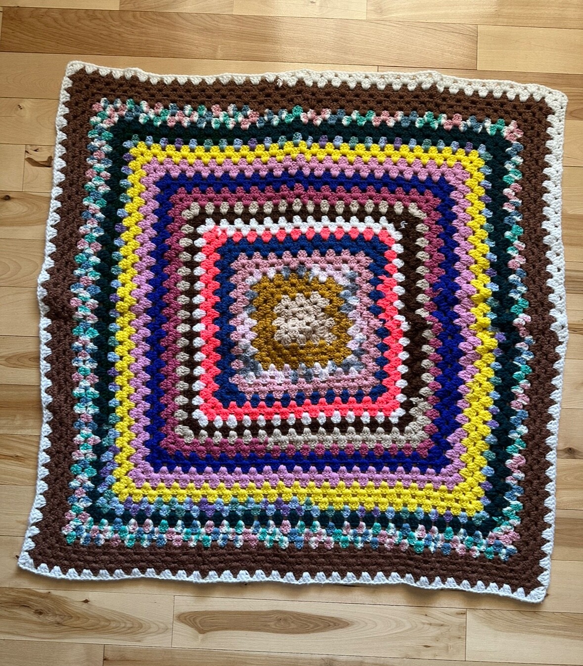 Crochet Afghan Blanket Throw Multicolor 70s Granny Square 34 in X 34 in Vintage gallery
