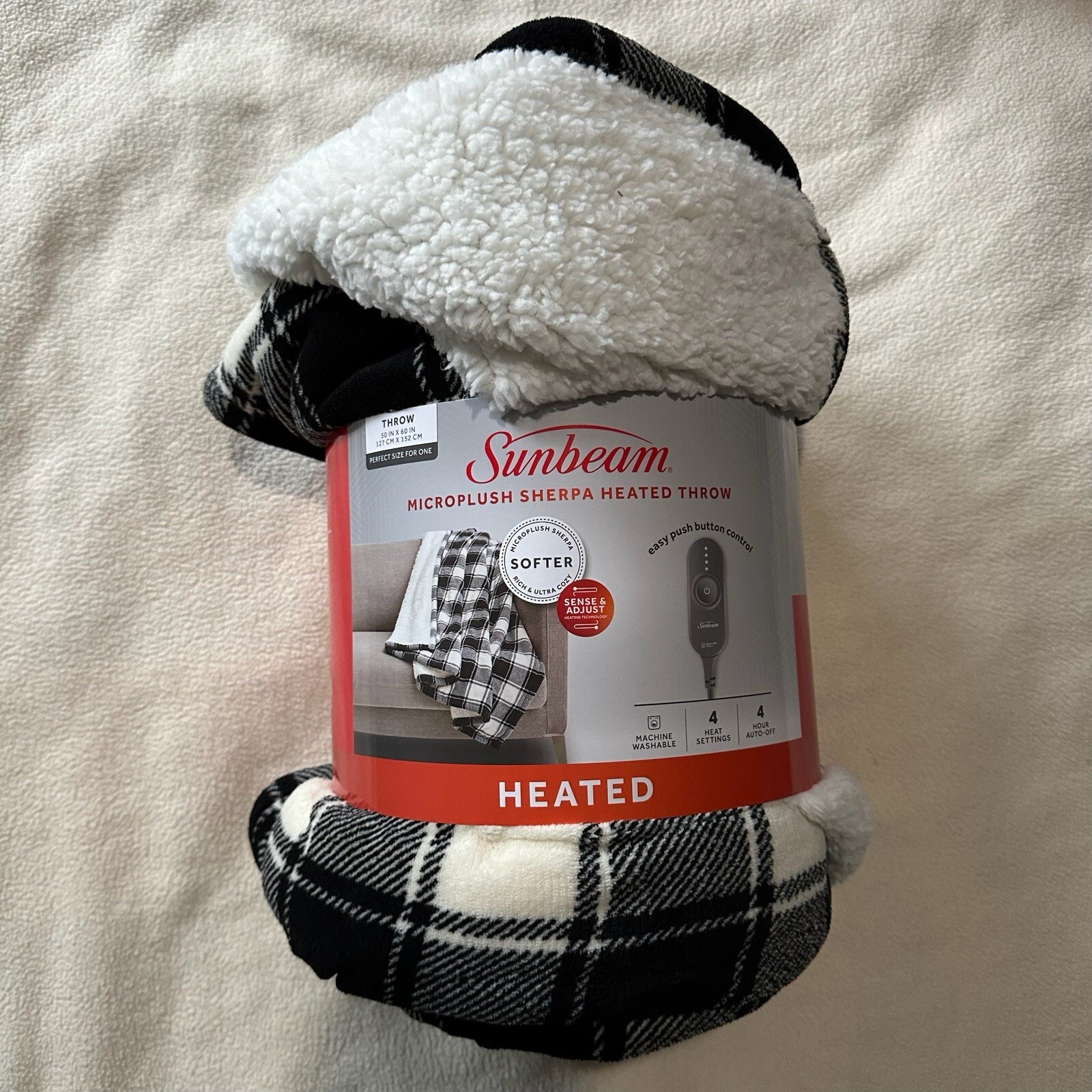 Sunbeam Microplush Sherpa Electric Heated Throw Blanket, Red and Black Plaid gallery