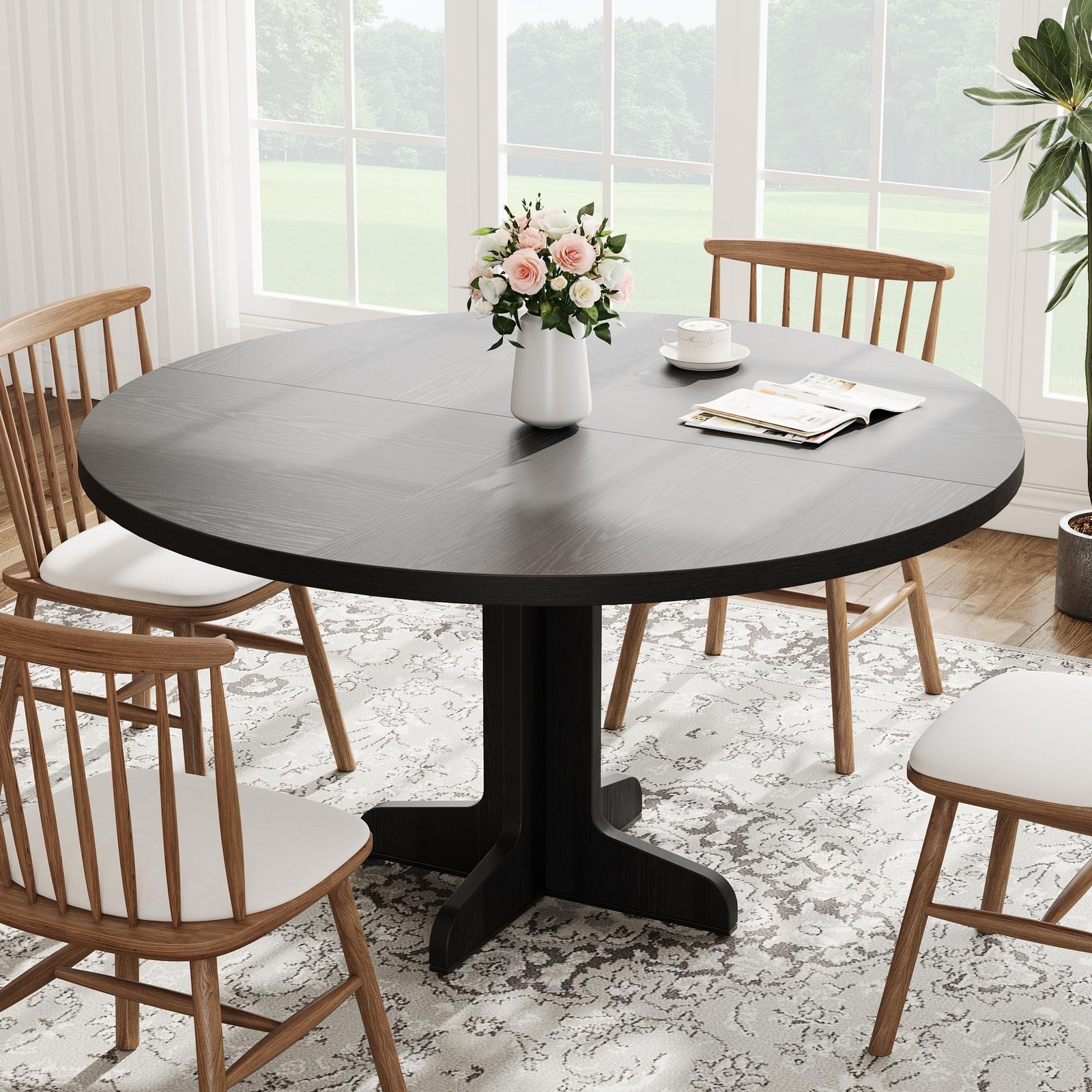 47 in Round Dining Table for 4-6 , Farmhouse Kitchen Table ,Dinner Table ,Black gallery