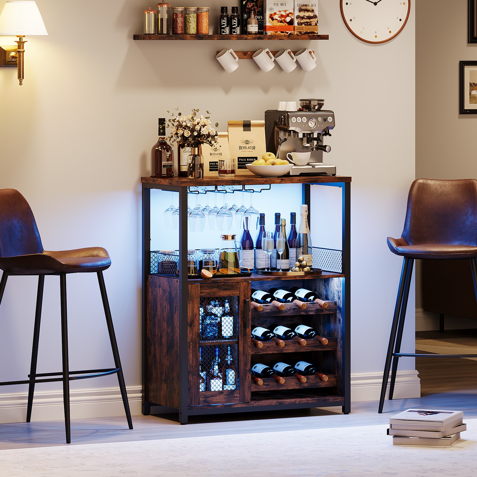 Wine Bar Cabinet With Wine Rack And Glass Holder, Retro Color, With Light, New gallery
