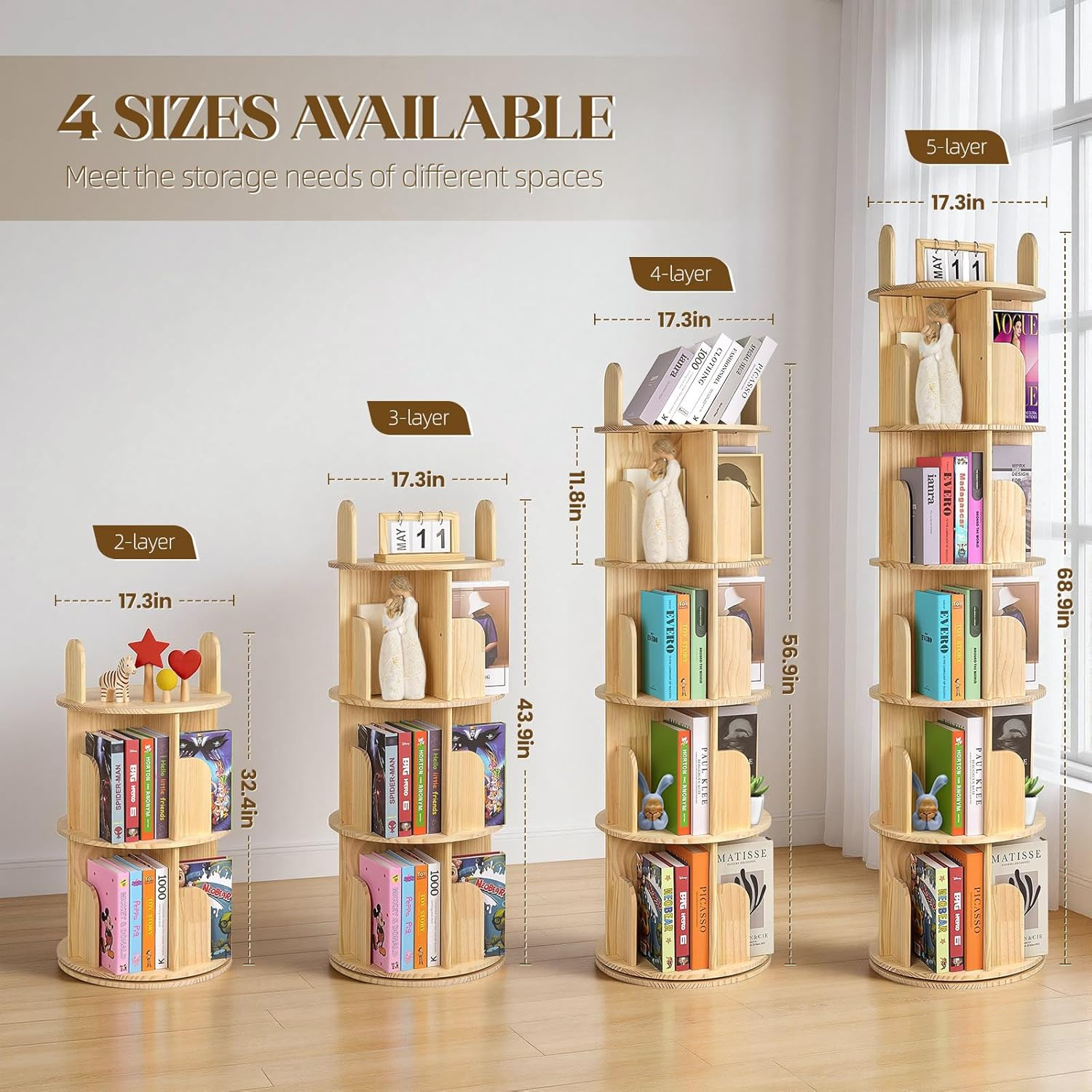 Rotating Bookshelf, Solid Pine Wood Spinning Bookshelf Tower 4 Tier, 360° Revolv gallery