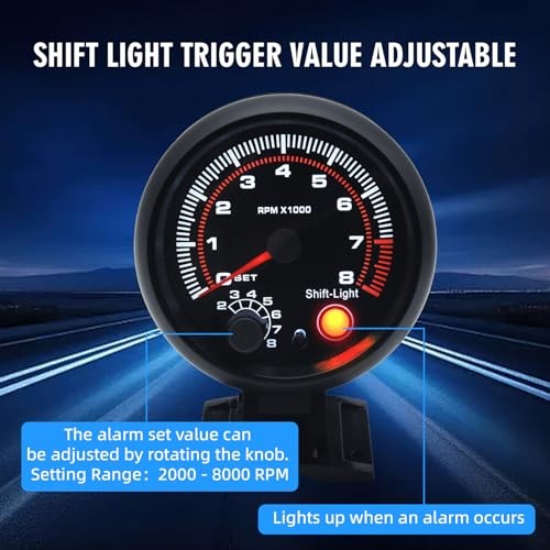 RPM Tachometer Gauge with Shift Light for Car 0-8000 RPM 3-3/4" 95mm Tach gallery