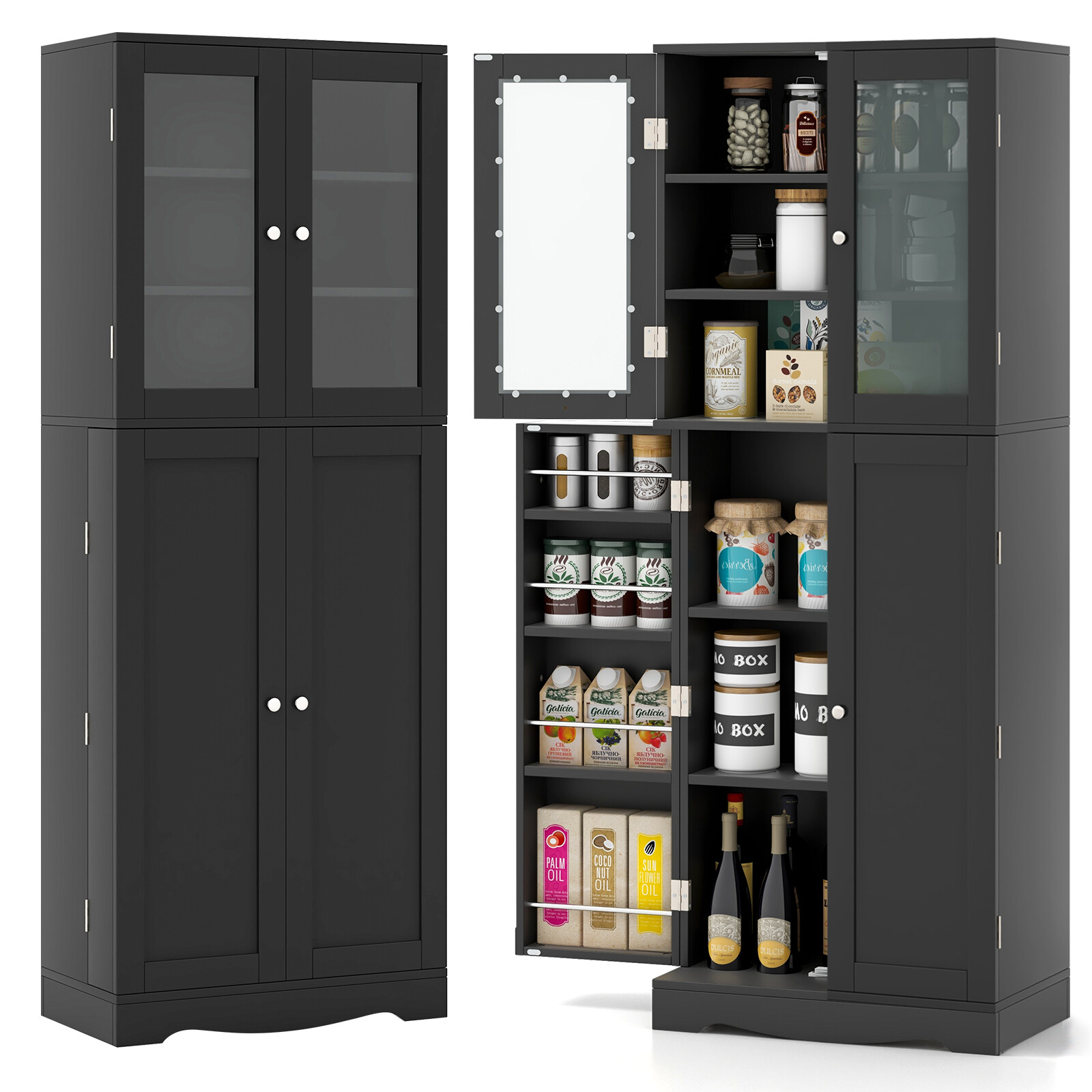 63.5" Tall Kitchen Pantry Storage Cabinet w/ Glass Door Storage Shelves Black gallery