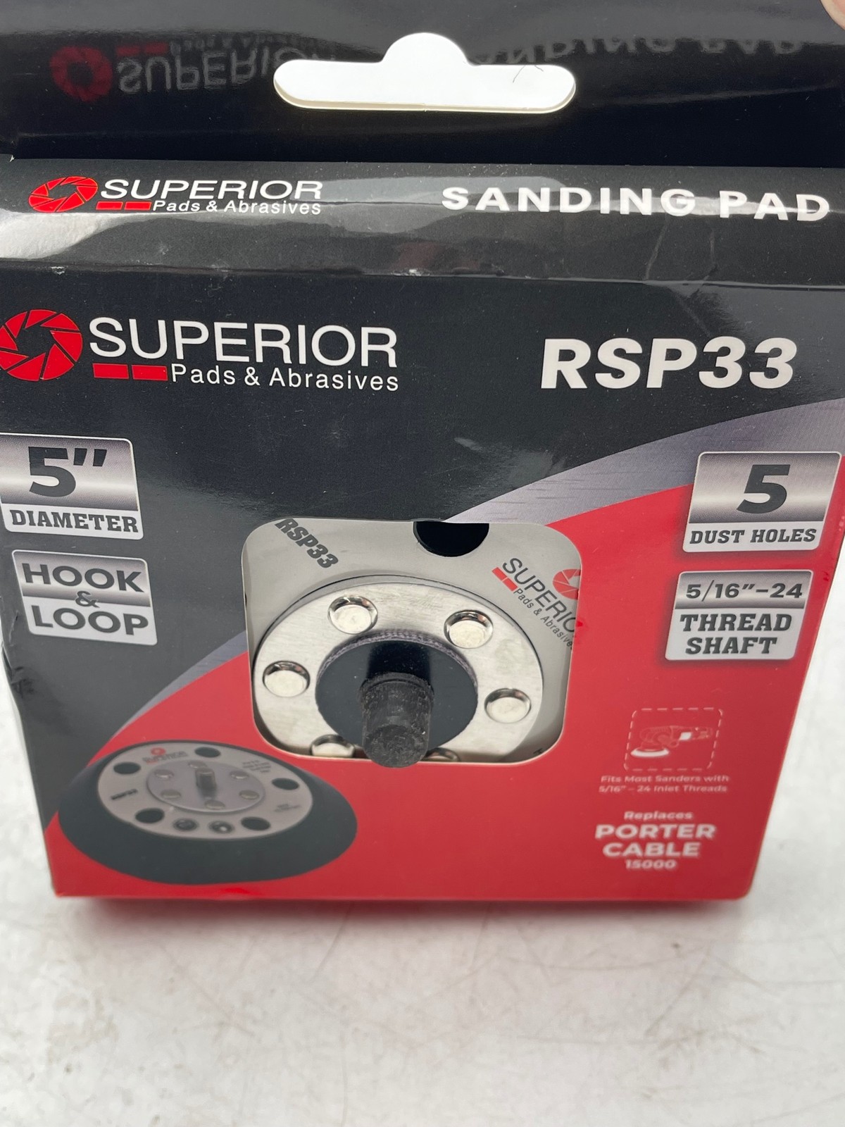 Superior RSP33 Sanding Pad 5in Diameter Hook Loop 5 Dust Holes 5/16-24 Shaft gallery