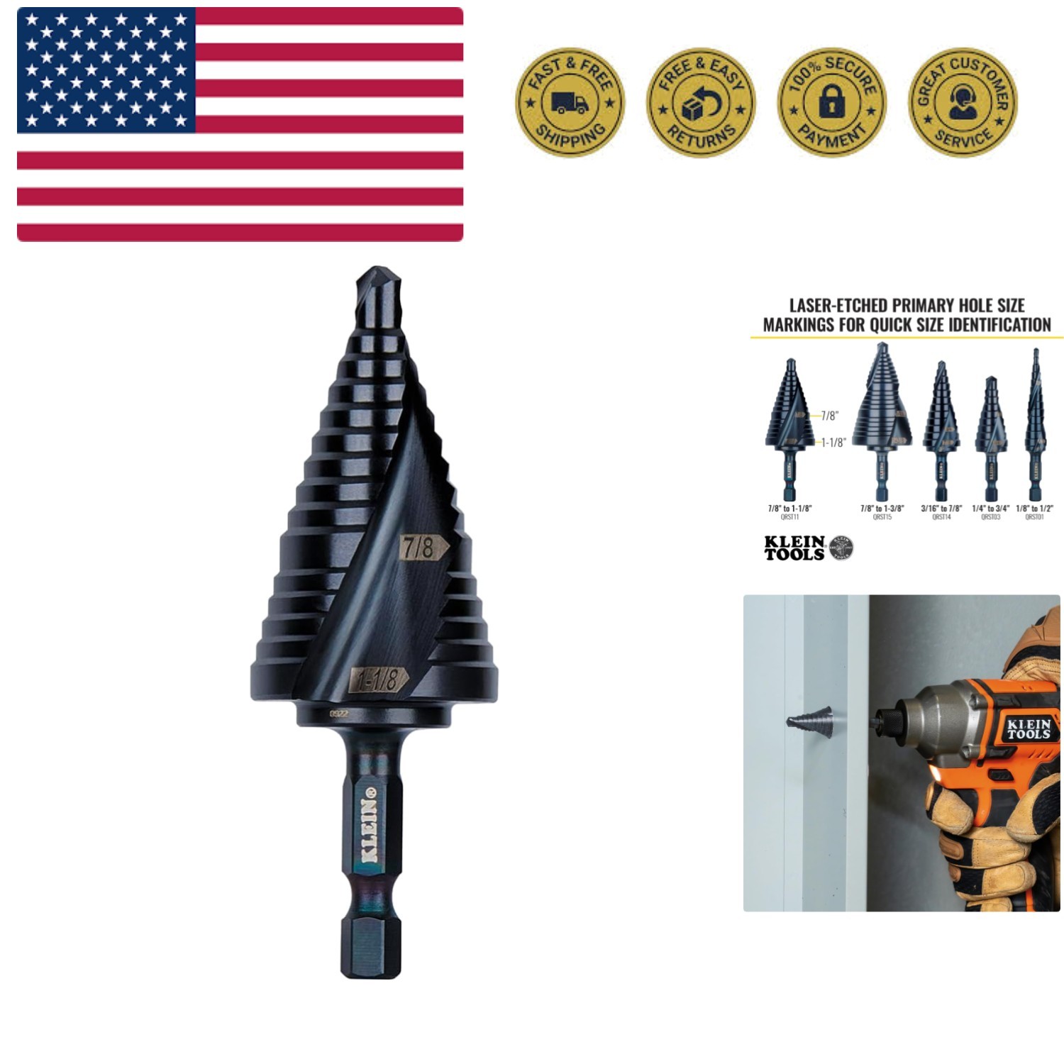 Step Drill Bit, Quick Release Spiral Double-Fluted, 7/8 to 1-1/8-Inch, Hex Sh... gallery