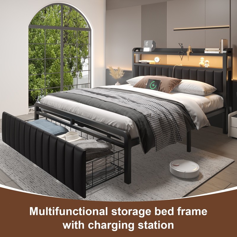 Full Queen Metal Bed Frame with Storage Drawers & Upholstered Storage Headboard gallery