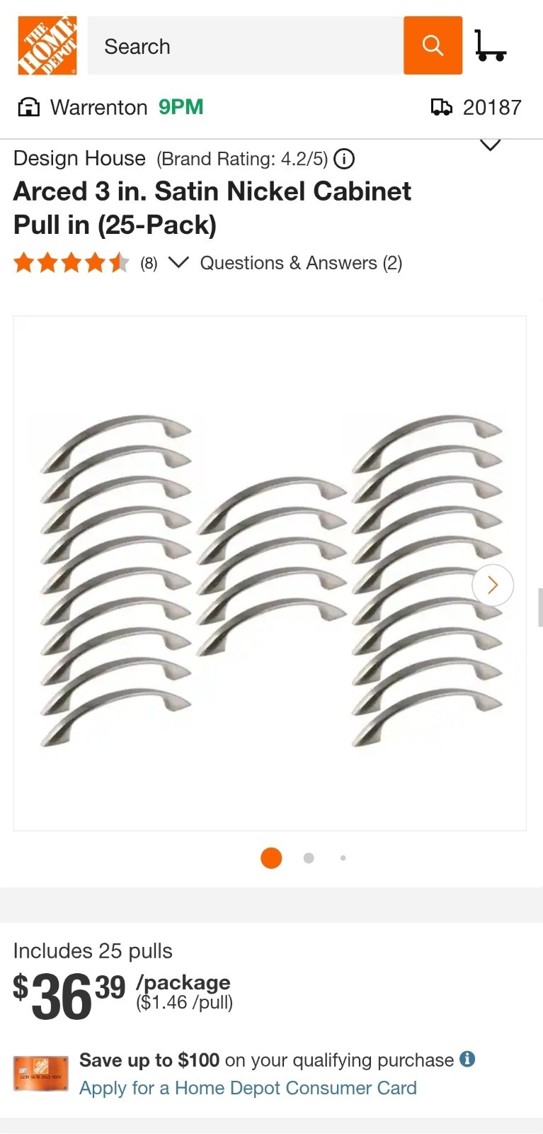 Design House 564633 3" Arced Cabinet Pull, Satin Nickel, Case of 25 gallery