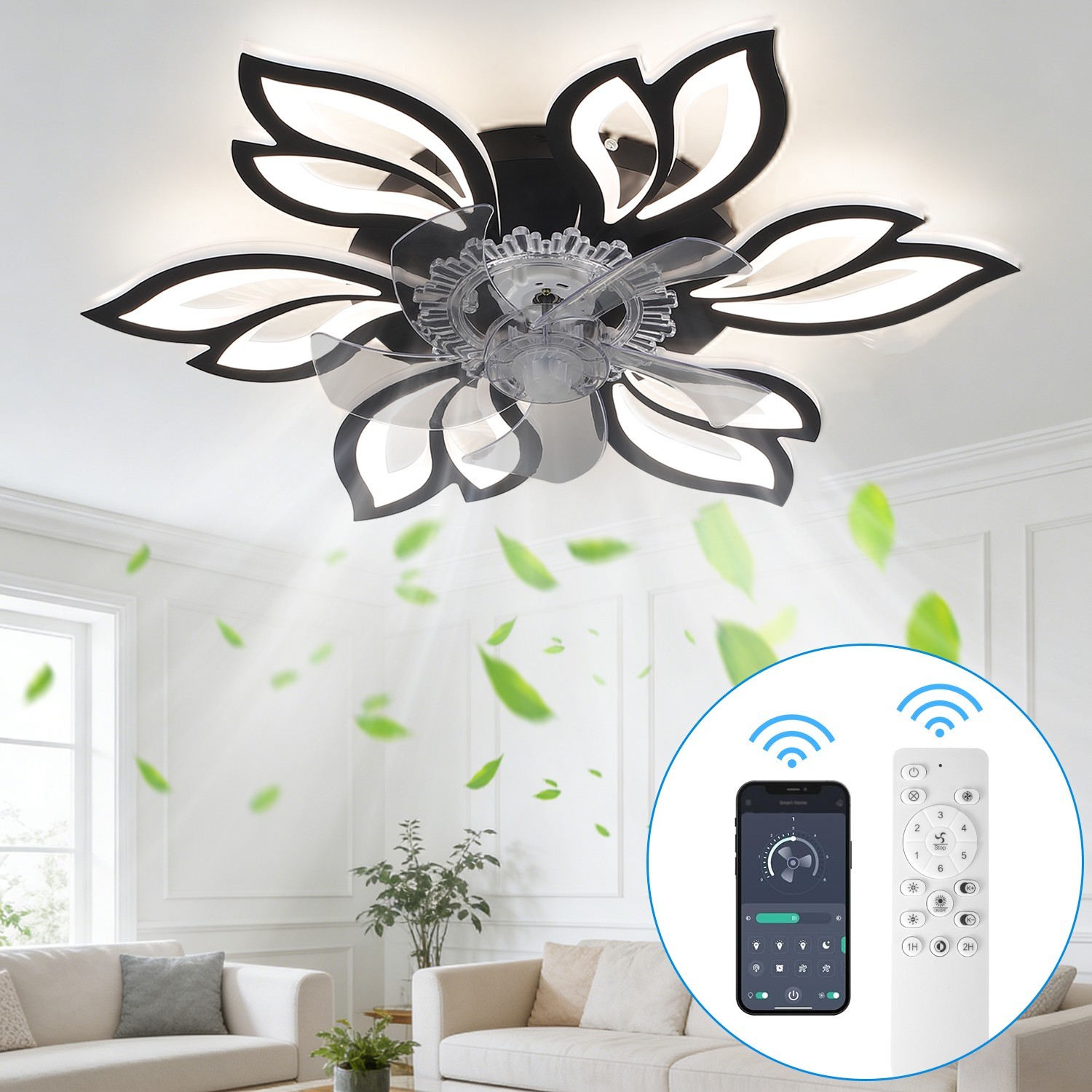 28.7" Black Ceiling Fan with Light Low Profile LED Dimmable Remote 6 Speeds gallery