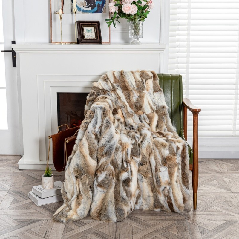 Real Fur Throw Luxury Rabbit Blanket Sofa Warm Bedspread Straw Yellow 140x160cm gallery